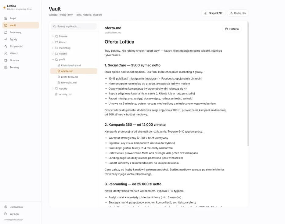 Ekran wiedzy firmy w DRUH AI — pliki: finanse, klienci, marketing, otwarta oferta