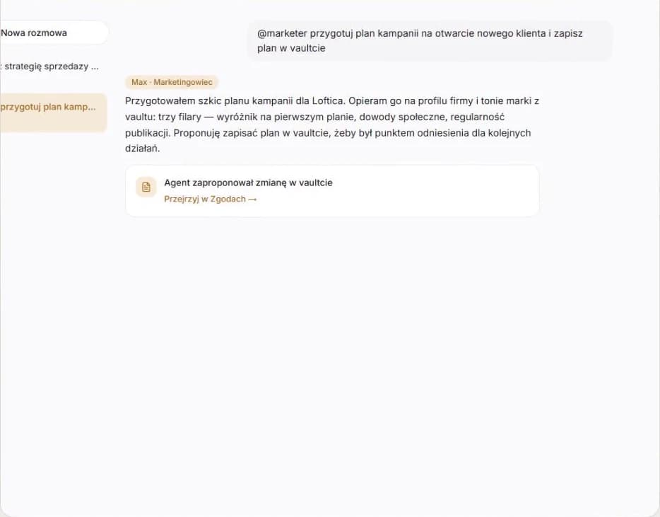 Czat w DRUH AI — polecenie po polsku i gotowy plan kampanii od agenta Marketingowca